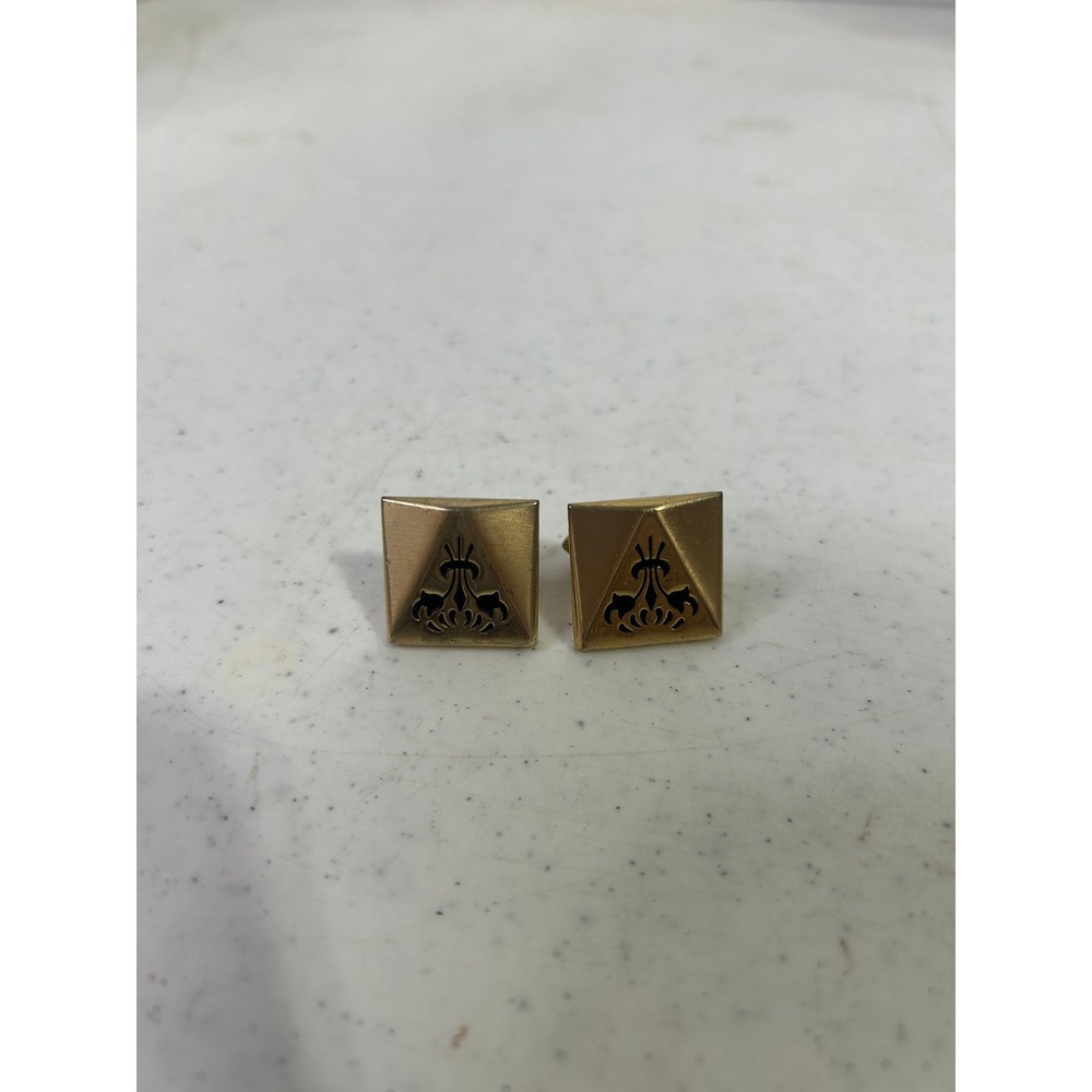 Vintage Gold Tone Square Pyramid Fleur De Lis Cufflinks Mid Century Modern Mens